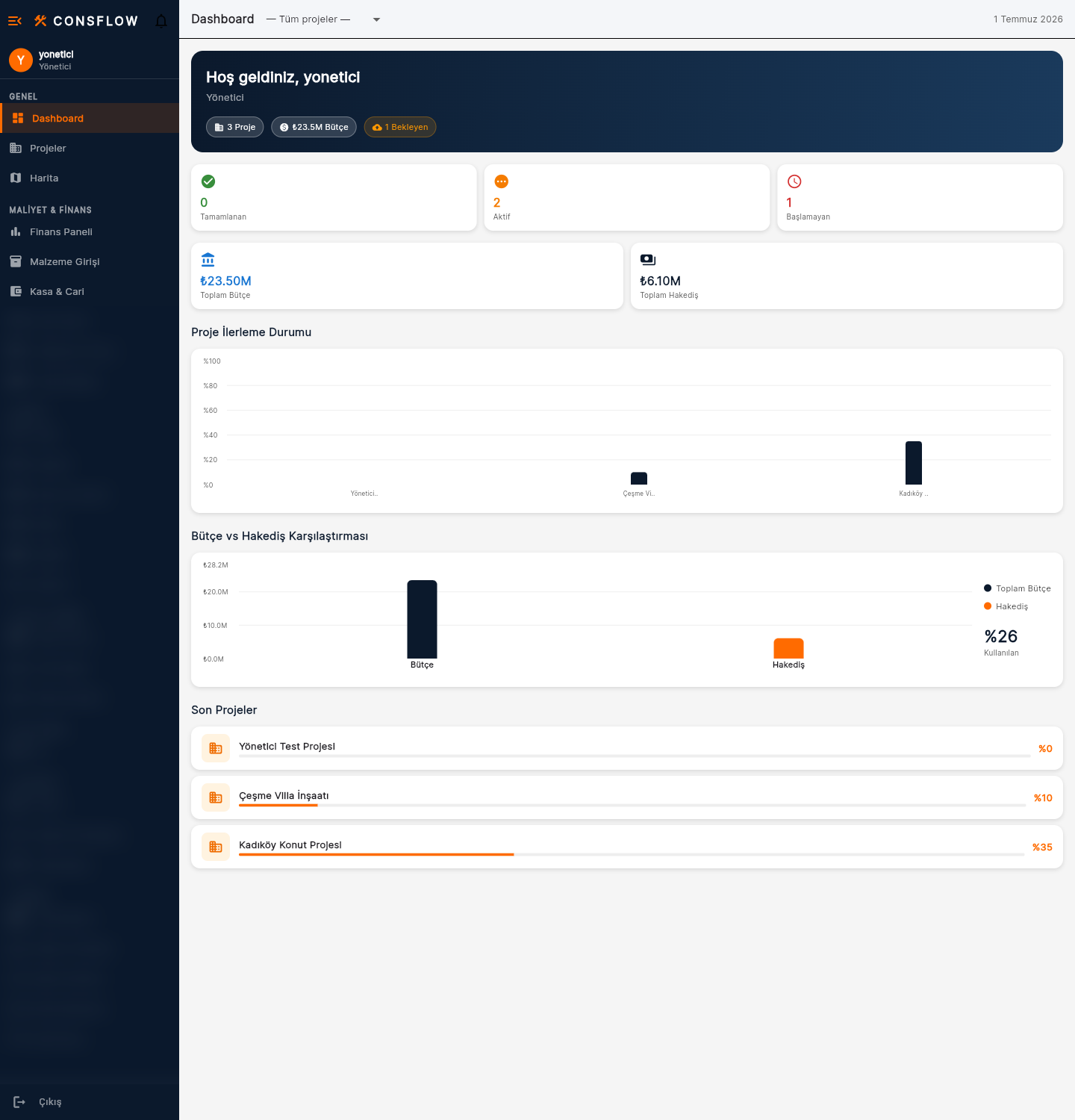 Consflow web paneli — dashboard ve modül menüsü